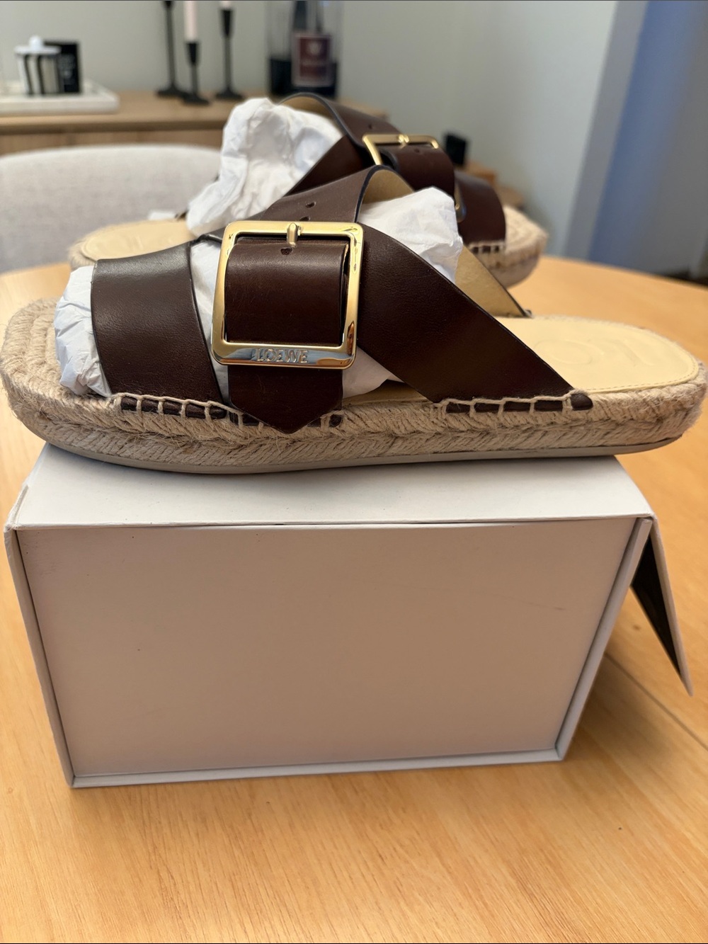 Loewe Brown Leather Buckle Espadrille Slide Sandals - Picture 2 of 5